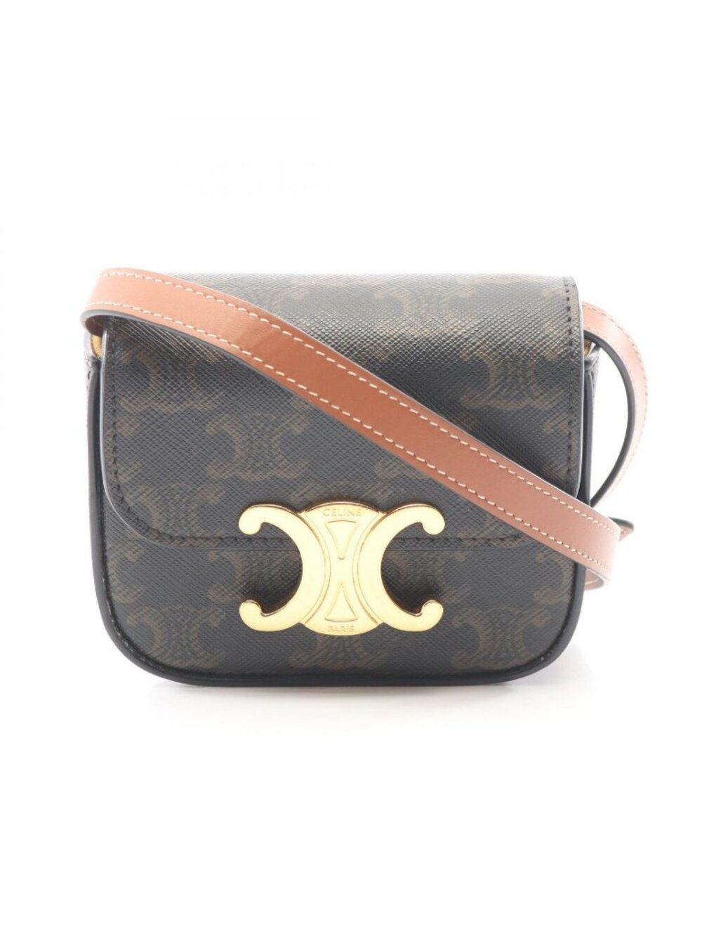 Celine Shoulder Bag Mini Claude Triomphe Black Brown Canvas Leather